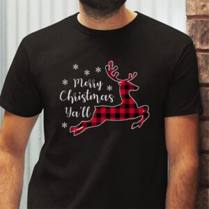 Merry Christmas Yall Reindeer Santa Hat Buffalo Red Plaid T Shirt 2 2