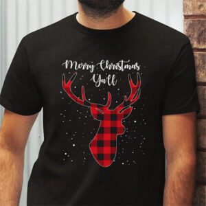 Merry Christmas Yall Reindeer Santa Hat Buffalo Red Plaid T Shirt 2