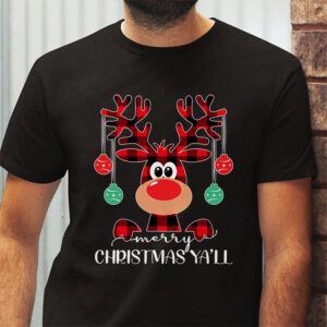 Merry Christmas Yall Reindeer Santa Hat Buffalo Red Plaid T Shirt 2 4