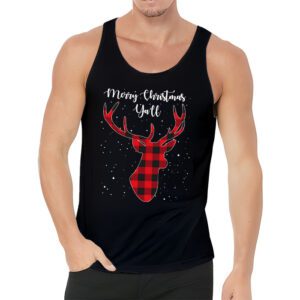 Merry Christmas Yall Reindeer Santa Hat Buffalo Red Plaid Tank Top 3