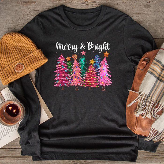 Merry-and-Bright-Pink-Christmas-Tree-Pink-Christmas-Costume-Longsleeve-Tee Merry and Bright Pink Christmas Tree