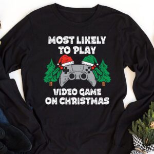 Most Likely To Play Video Games On Christmas Xmas Lights Longsleeve Tee 1 2