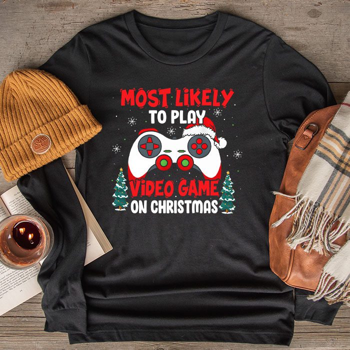 Most Likely To Play Video Games On Christmas Xmas Lights Longsleeve Tee