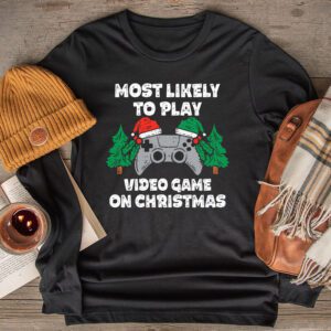 Most Likely To Play Video Games On Christmas Xmas Lights Longsleeve Tee