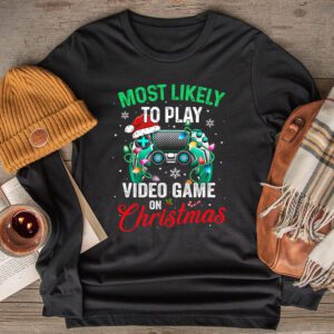 Most Likely To Play Video Games On Christmas Xmas Lights Longsleeve Tee