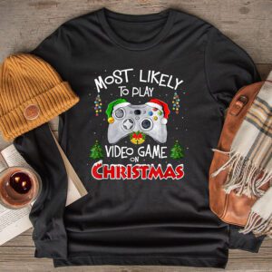 Most Likely To Play Video Games On Christmas Xmas Lights Longsleeve Tee