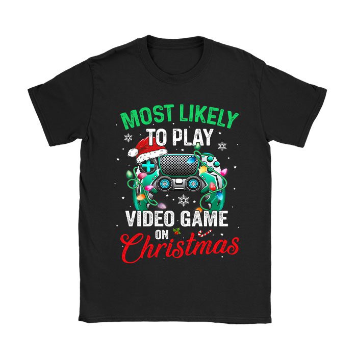 Most-Likely-To-Play-Video-Games-On-Christmas-Xmas-Lights-T-Shirt Most Likely To Play Video Games On Christmas Xmas Lights T-Shirt