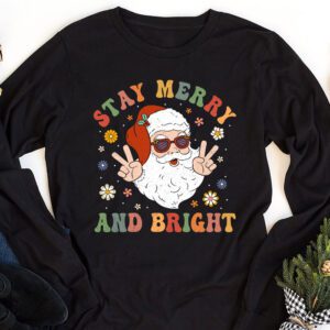 Retro Groovy Christmas Merry Stay Bright Hippie Santa Peace Longsleeve Tee 1 2