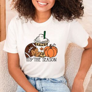 Tis The Season Pumpkin Leaf Latte Fall Thanksgiving Football T Shirt 1 3