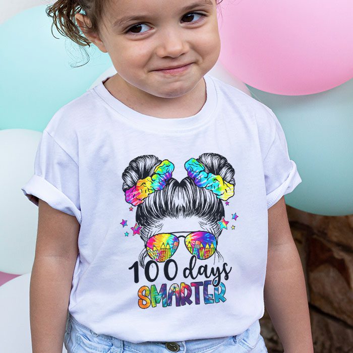 100 Days Smarter Girls Messy Bun Hair 100th Day Of School T Shirt 1
