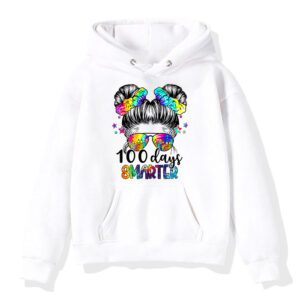 100 Days Smarter Girls Messy Bun Hair 100th Day Of School Hoodie 1