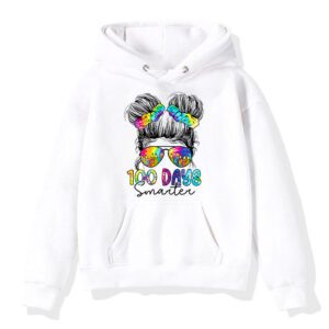 100 Days Smarter Girls Messy Bun Hair 100th Day Of School Hoodie 1 7
