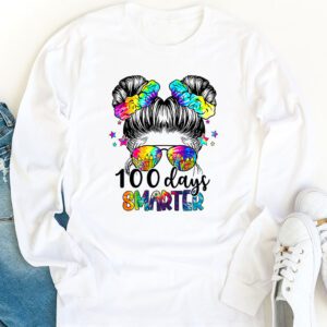 100 Days Smarter Girls Messy Bun Hair 100th Day Of School Longsleeve Tee 1