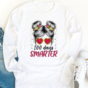 100 Days Smarter Girls Messy Bun Hair 100th Day Of School Longsleeve Tee 1 8