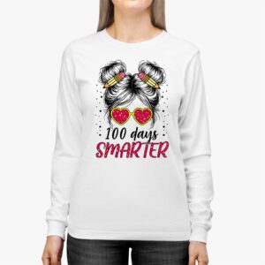 100 Days Smarter Girls Messy Bun Hair 100th Day Of School Longsleeve Tee 2 8