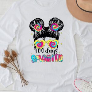 100 Days Smarter Girls Messy Bun Hair 100th Day Of School Longsleeve Tee