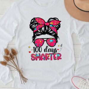 100 Days Smarter Girls Messy Bun Hair 100th Day Of School Longsleeve Tee
