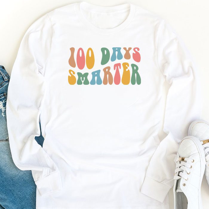 100 Days Smarter Happy 100th Day Of School Groovy Boy Girl Longsleeve Tee 1 3
