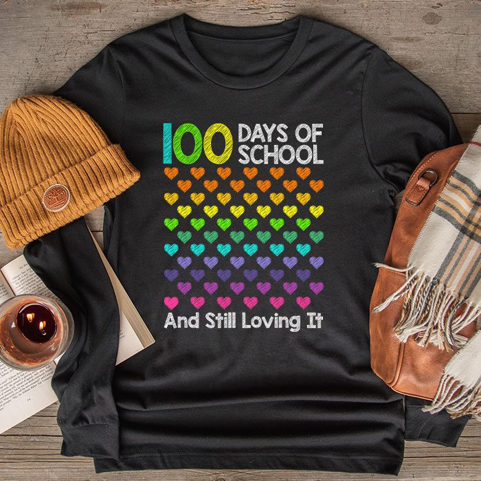 100th-Day-of-School-and-Still-Loving-It-100-Rainbow-Hearts-Longsleeve-Tee 100th Day of School and Still Loving It 100 Rainbow Hearts Longsleeve Tee