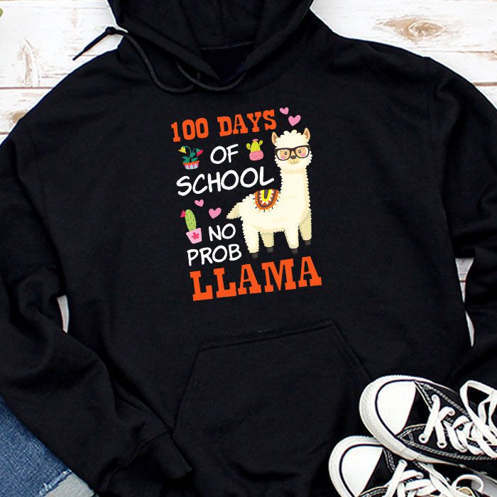 Celebrating-100-Days-of-School-NoProb-Llama-Kids-Teachers-Hoodie Celebrating 100 Days of School NoProb Llama Kids & Teachers Hoodie