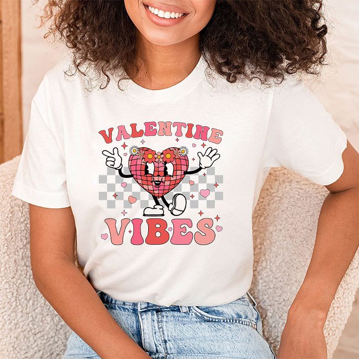 Groovy Checkered Valentine Vibes Valentines Day Girls Womens T Shirt 1 2