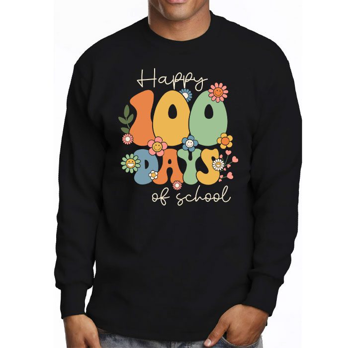 Happy-100-Days-Of-School-Retro-Groovy-Teacher-Student-Kids-Longsleeve-Tee-3 Happy 100 Days Of School Retro Groovy Teacher Student Kids Longsleeve Tee 3