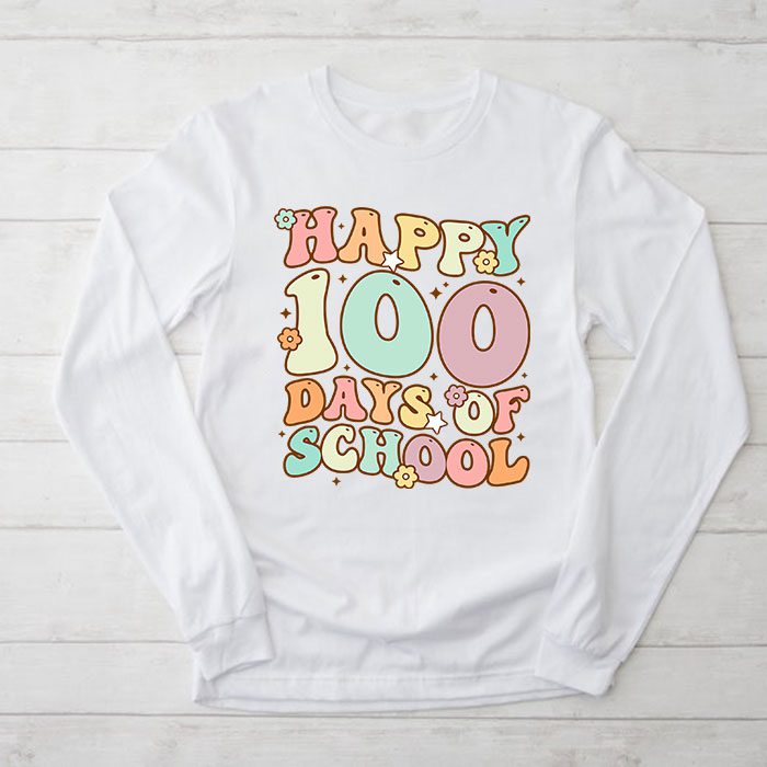 Happy 100 Days Of School Retro Groovy Teacher Student Kids Longsleeve Tee