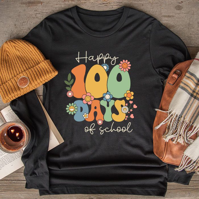 Happy-100-Days-Of-School-Retro-Groovy-Teacher-Student-Kids-Longsleeve-Tee Happy 100 Days Of School Retro Groovy Teacher Student Kids Longsleeve Tee