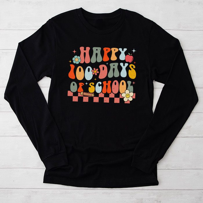 Happy-100th-Day-Of-School-Teacher-Kids-Retro-Groovy-100-Days-Longsleeve-Tee Happy 100th Day Of School Teacher Kids Retro Groovy 100 Days Longsleeve Tee