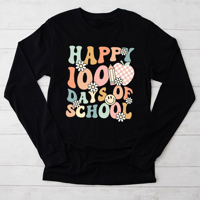 Happy-100th-Day-Of-School-Teacher-Kids-Retro-Groovy-100-Days-Longsleeve-Tee Happy 100th Day Of School Teacher Kids Retro Groovy 100 Days Longsleeve Tee