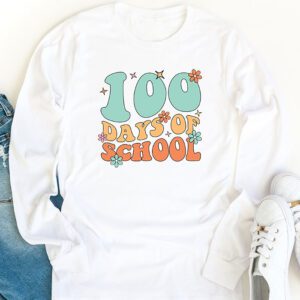 Retro Groovy 100 Days Happy 100th Day Of School Teacher Kids Longsleeve Tee 1 4