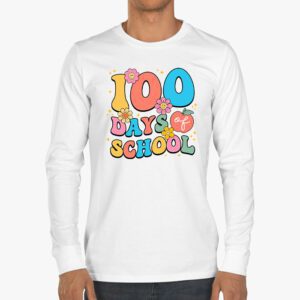 Retro Groovy 100 Days Happy 100th Day Of School Teacher Kids Longsleeve Tee 3 2