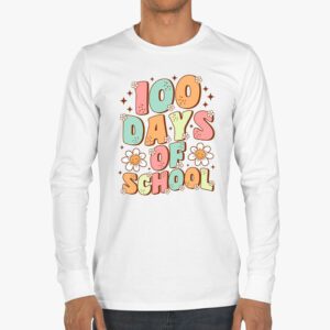 Retro Groovy 100 Days Happy 100th Day Of School Teacher Kids Longsleeve Tee 3 3