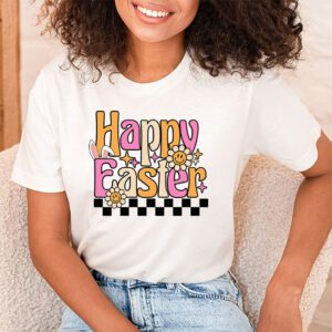 Groovy Happy Easter Day Colorful Egg Hunting Cute Bunny Girl Womens T Shirt 1 2