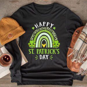 Happy St. Patricks Day Leopard Print Rainbow Shamrock Irish Longsleeve Tee