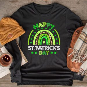 Happy St. Patricks Day Leopard Print Rainbow Shamrock Irish Longsleeve Tee