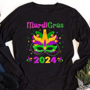 Mardi Gras 2024 Mask Fleur De Lys Beads NOLA Carnival Party Longsleeve Tee 1 2