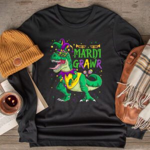 Mardi Grawr T-Rex Dino Toddler Kids Mardi Gras Boys Gift Longsleeve Tee