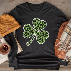St. Patricks Day Shamrock Irish Leopard Print Women Girls Longsleeve Tee