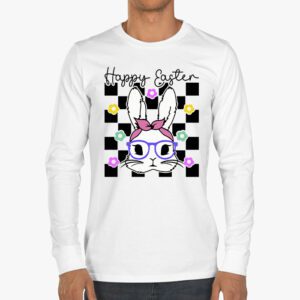 Cute Bunny Rabbit Face Groovy Glasses Girl Happy Easter Day Longsleeve Tee 3 4