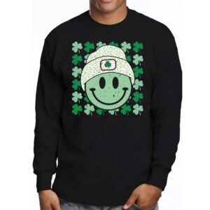 Shamrock Smile Face Disco Retro Groovy St Patricks Day Lucky Longsleeve Tee 3 4