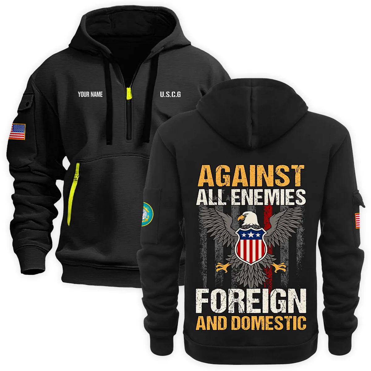 Personalized Name Against All Enemies Foreign And Domestic U.S. Coast Guard Veteran Hoodie Half Zipper Quarter Hoodie