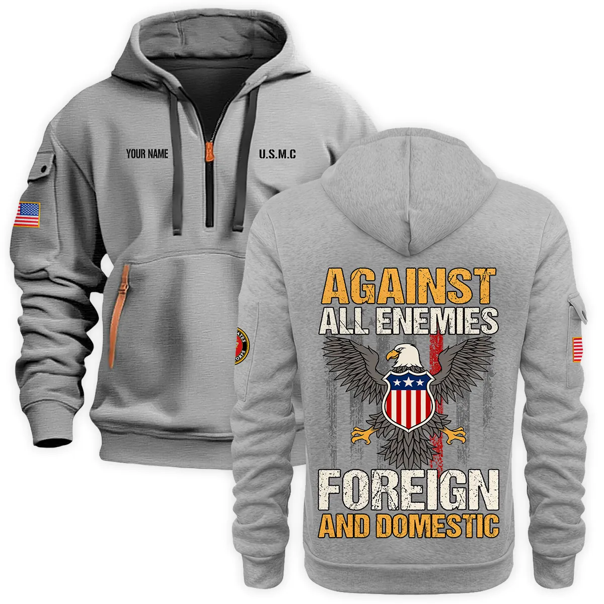 Personalized Name Against All Enemies Foreign And Domestic U.S. Marine Corps Veteran Hoodie Half Zipper Quarter Hoodie