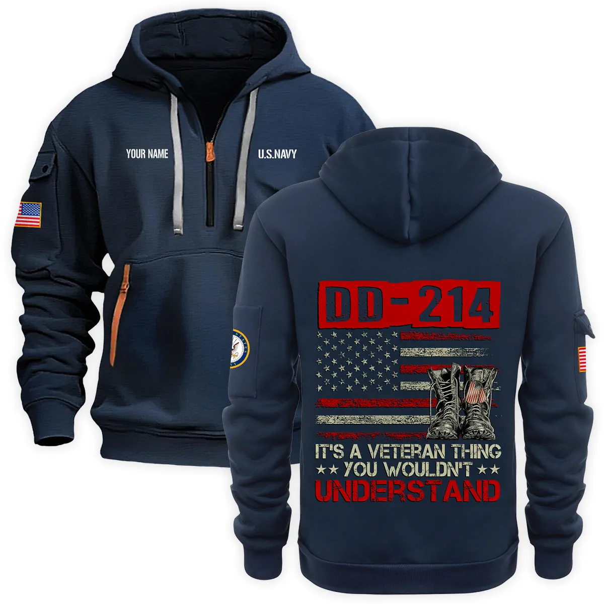 Personalized Name DD-214 Its A Veteran Thing You Wouldnt Understand U.S. Navy Veteran Hoodie Half Zipper Quarter Hoodie
