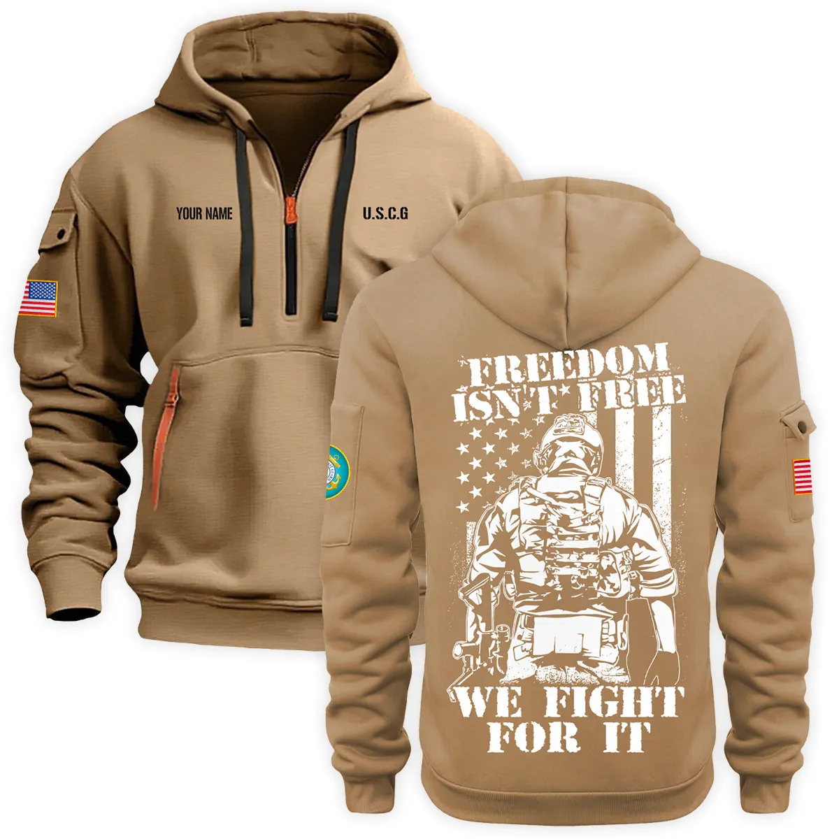 Personalized Name Freedom Isnt Free We Fight For It U.S. Coast Guard Veteran Hoodie Half Zipper Quarter Hoodie