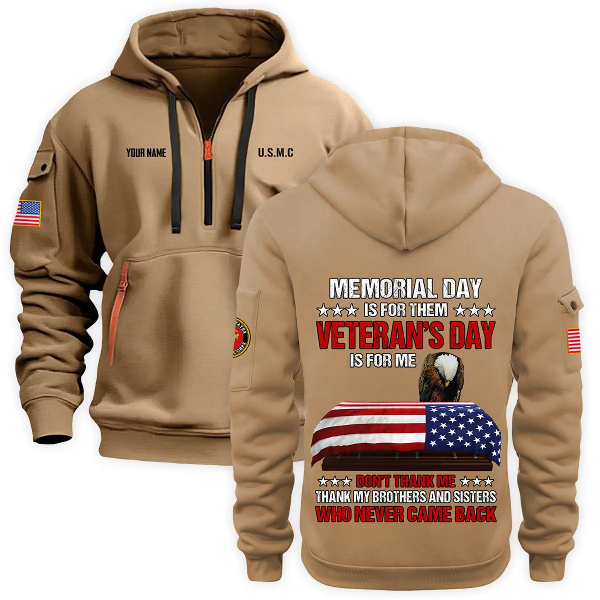 Personalized Name Memorial Day Is For Them Veteran Day Is For Me U.S. Marine Corps Veteran Hoodie Half Zipper Quarter Hoodie