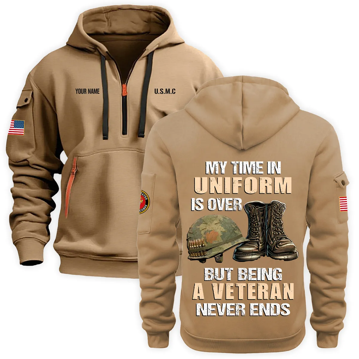 Personalized Name My Time In Uniform Is Over  U.S. Marine Corps Veteran Hoodie Half Zipper Quarter Hoodie