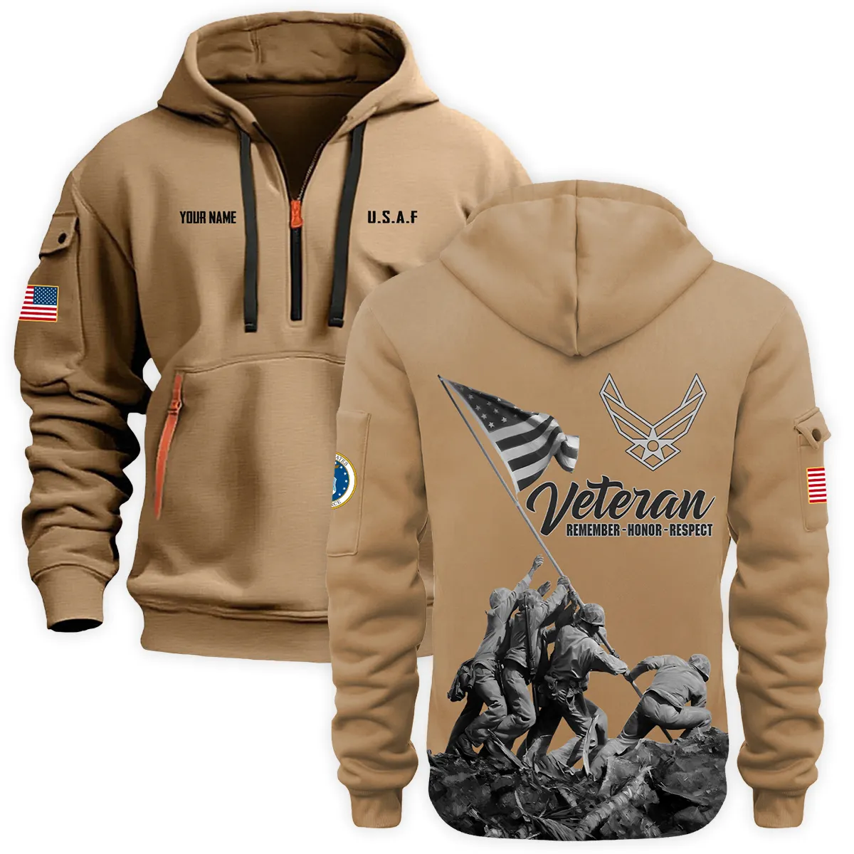 Personalized Name Veteran Remember Honor Respect U.S. Air Force Veteran Hoodie Half Zipper Quarter Hoodie