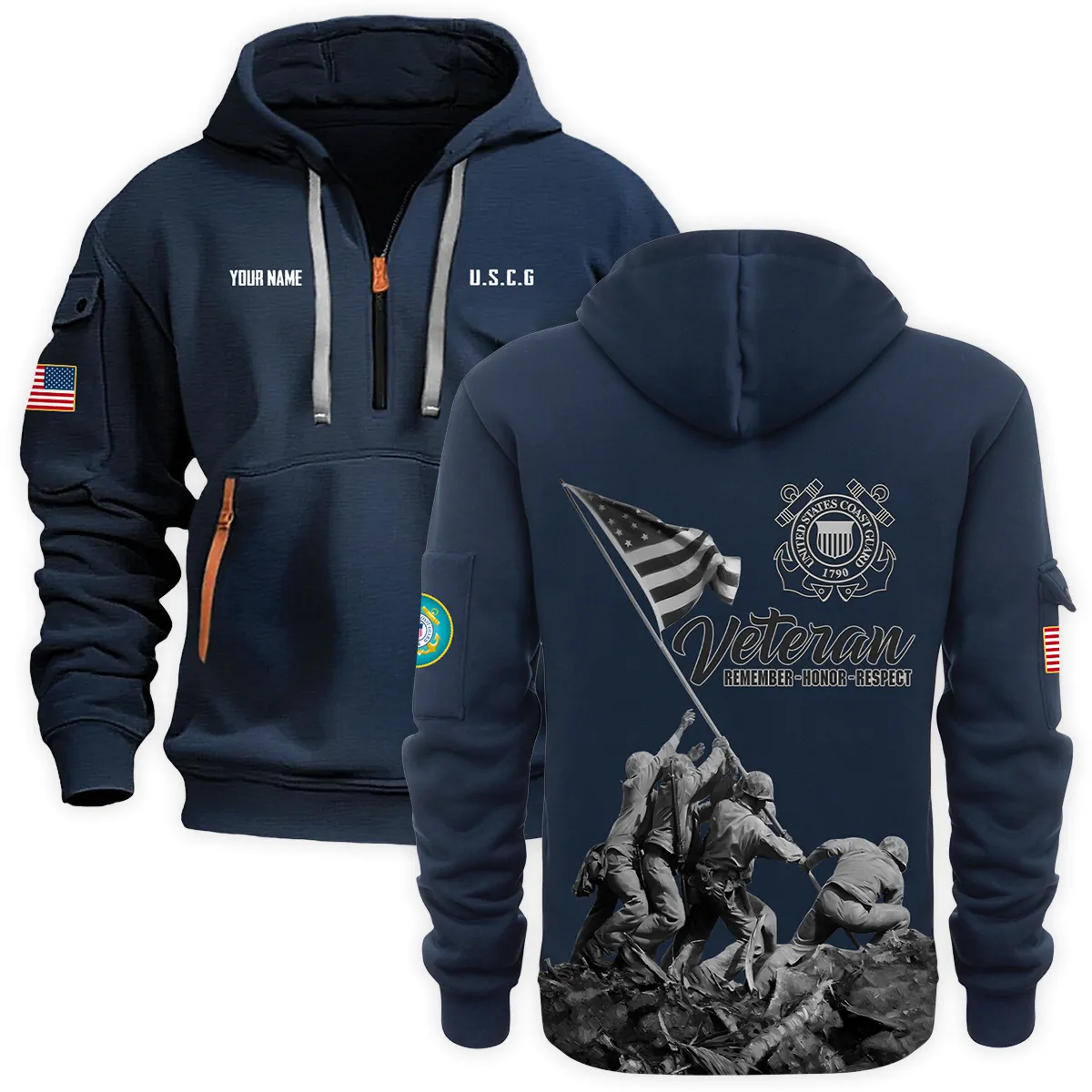 Personalized Name Veteran Remember Honor Respect U.S. Coast Guard Veteran Hoodie Half Zipper Quarter Hoodie