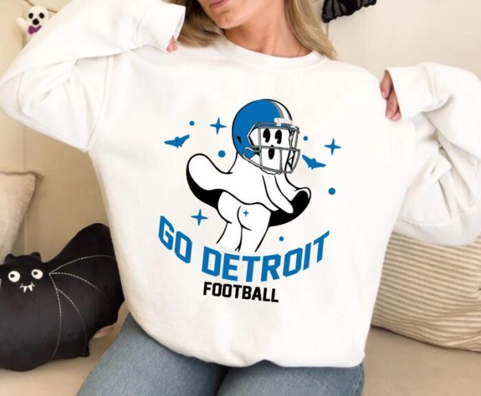 Go Detroit Football Funny Ghost Comfort Sweatshirt Football Retro Comfort Sweatshirt Football Mom Shirt ECS1101